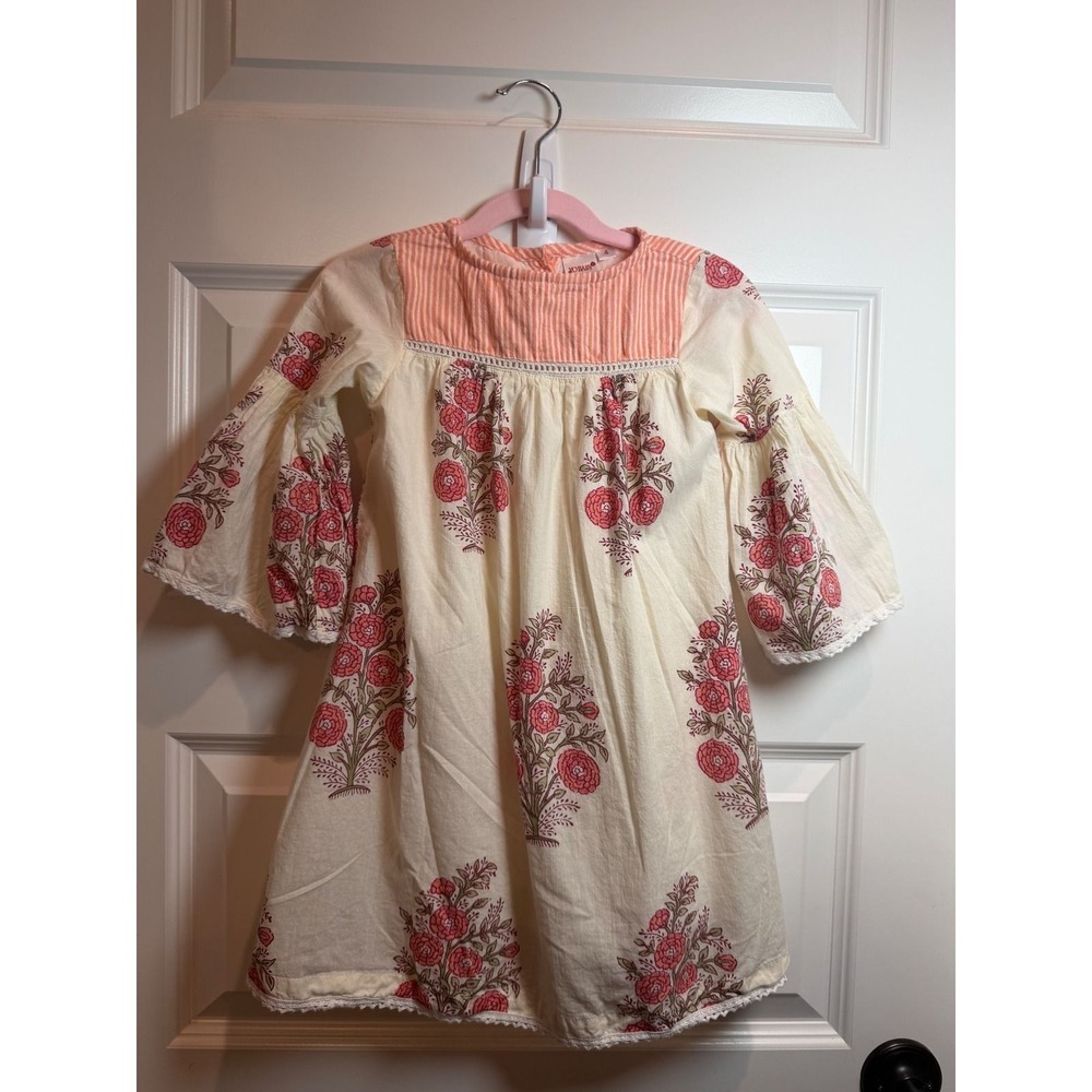 Yo Baby Girls Size 4 Floral Block Print Cotton Boho Bell Sleeve Dress Cream Pink